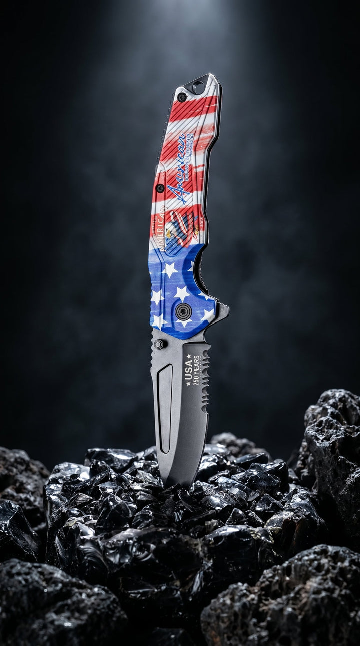 Folding knife with American flag pattern on a dark background. Daniel Steiger