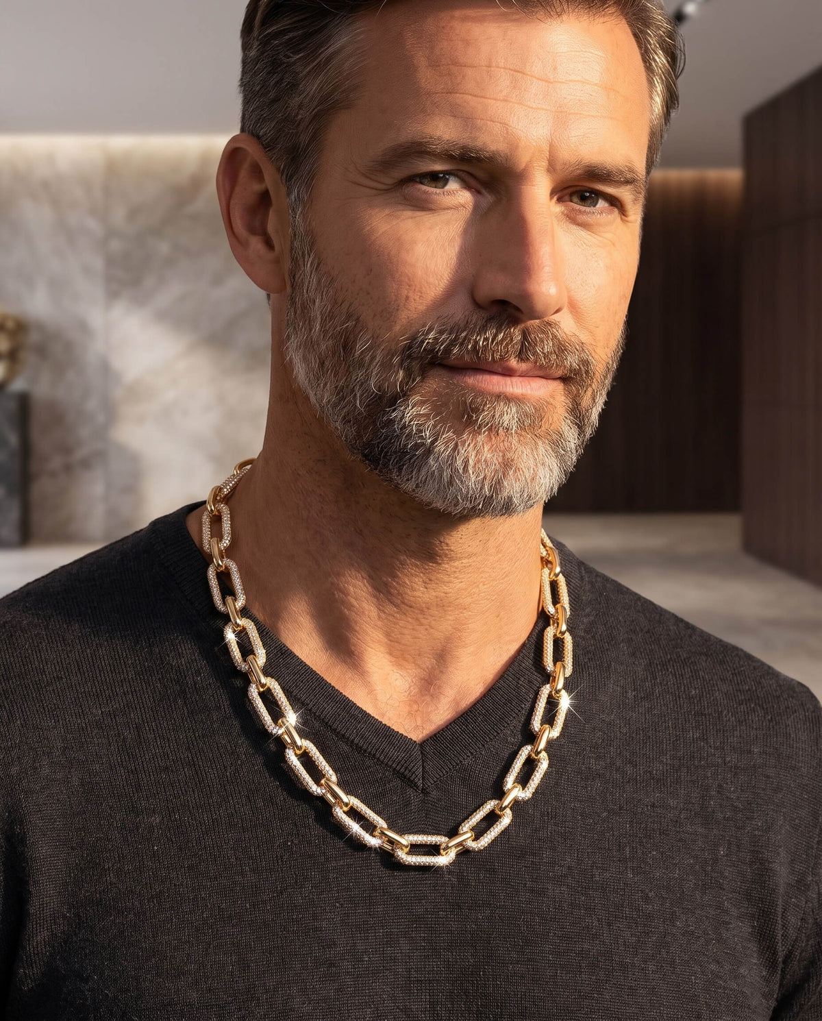 Signature Paperclip Necklace worn by a bearded man featuring polished interlocking links against a modern indoor background Up To 75% Off Retail