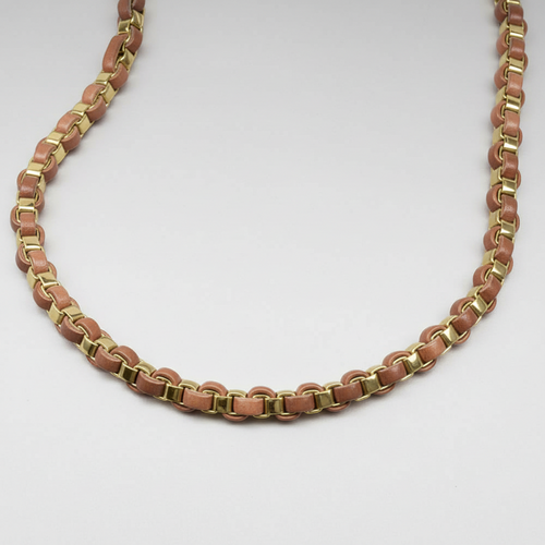 Necklace with brown leather and gold chain on a white background