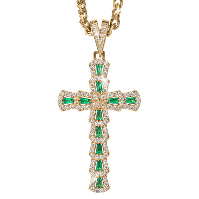 Elegant Serafina Cross Pendant adorned with green gemstones and surrounded by sparkling clear crystals on a gold chain, available Up To 75% Off Retail.