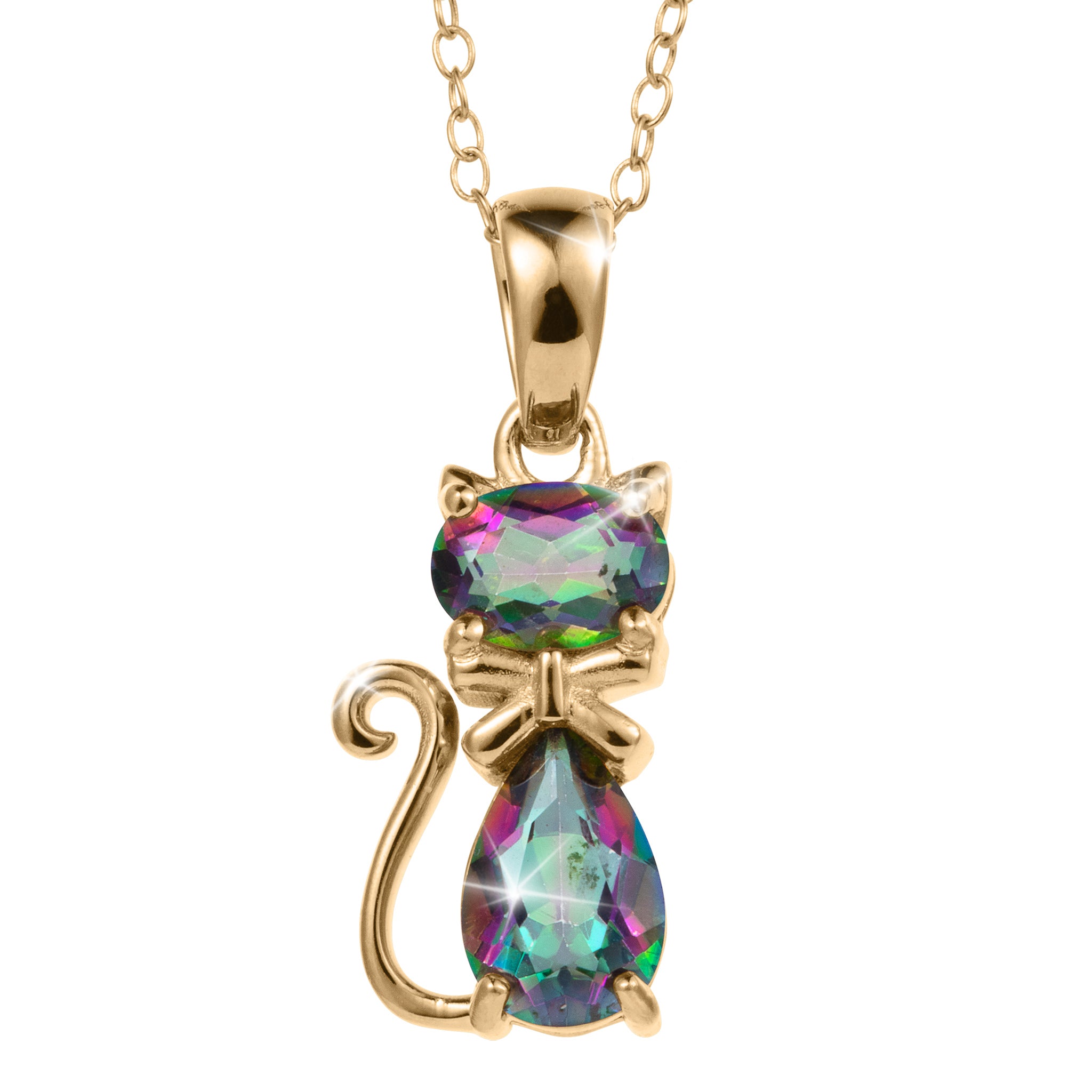 Mystic Kitten Pendant in gold tone jewelry featuring a colorful faceted kitten design with curled tail and delicate chain