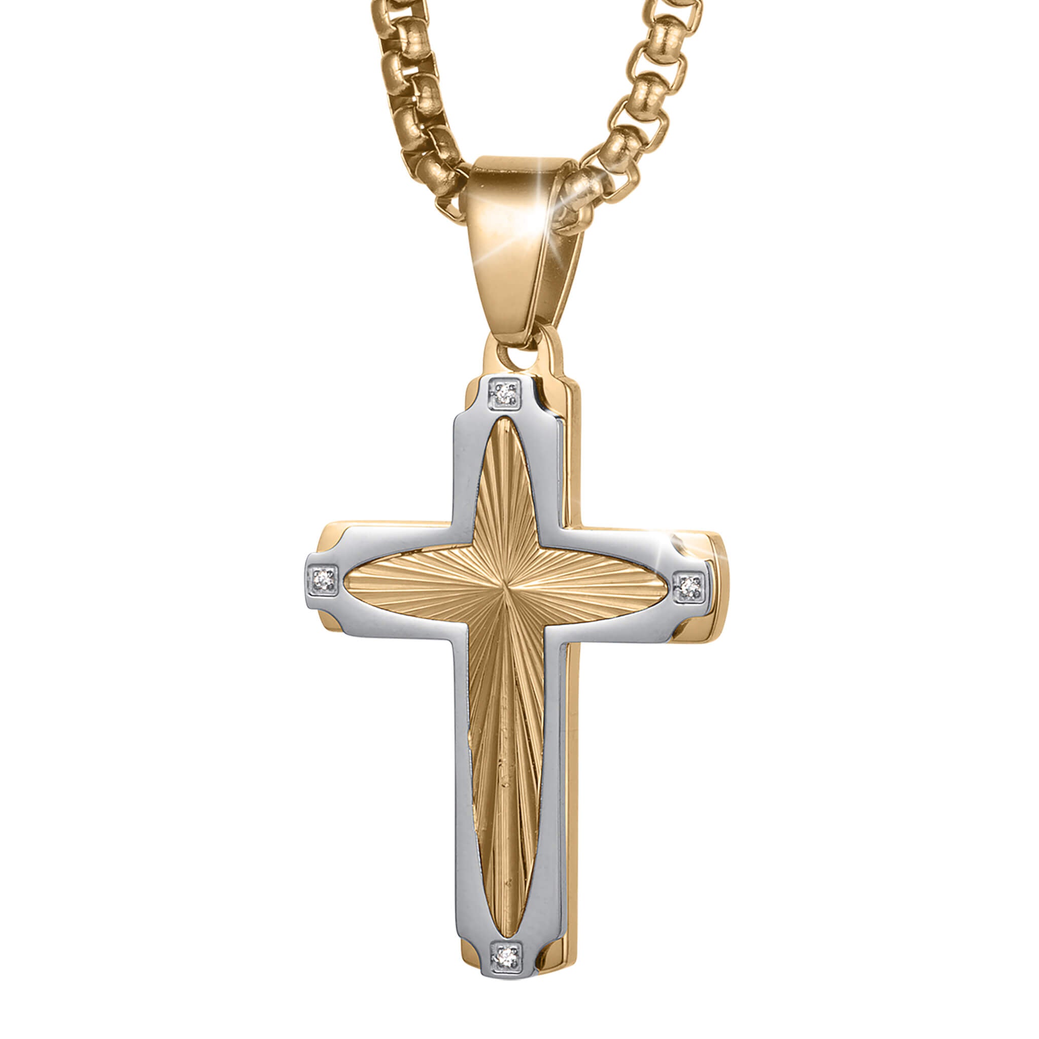 Guiding Light Cross Pendant featuring a two tone gold and silver cross with a textured center and sparkling square accents on a chain