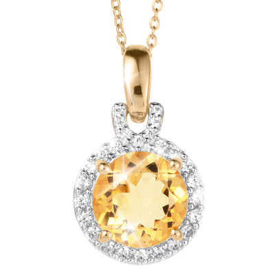 Golden Glow Citrine Pendant with a radiant round citrine gemstone in a sparkling halo setting on a classic gold chain necklace
