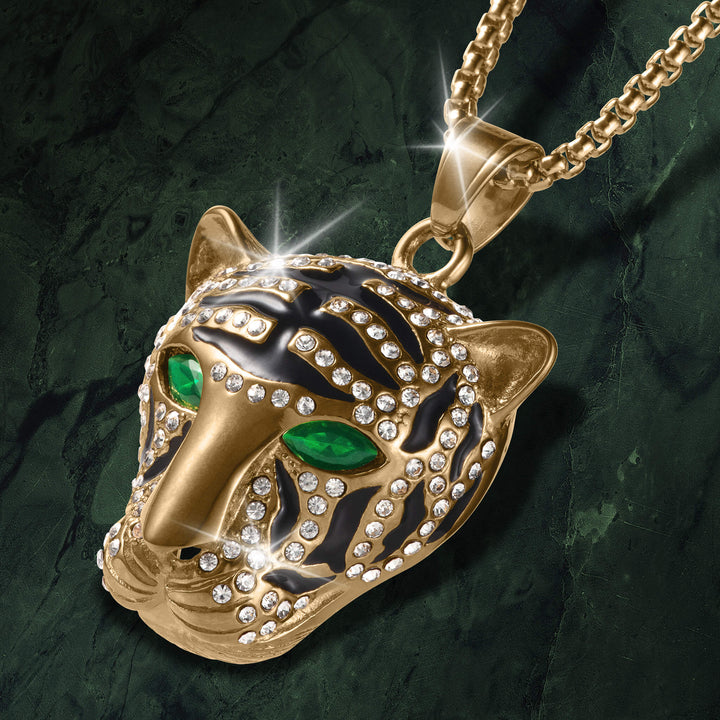 La Panthère Mens Pendant gold panther jewelry with black enamel green eyes crystal accents and chain Up To 75% Off Retail
