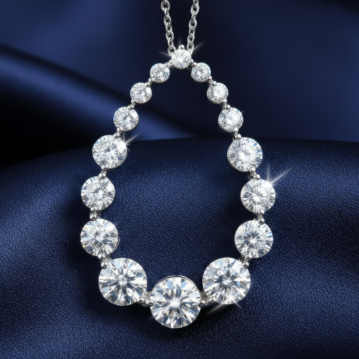 Diamond necklace on a dark blue fabric background. Daniel Steiger To Catch A Thief Pendant