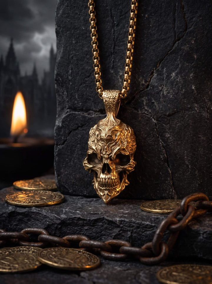 The Fallen Pendant gold skull pendant displayed on dark stone with chains coins and candlelight creating a dramatic gothic atmosphere