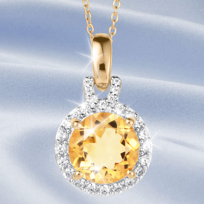 Golden Glow Citrine Pendant with a radiant round golden gemstone surrounded by sparkling clear stones on a polished gold chain for elegant jewelry styling