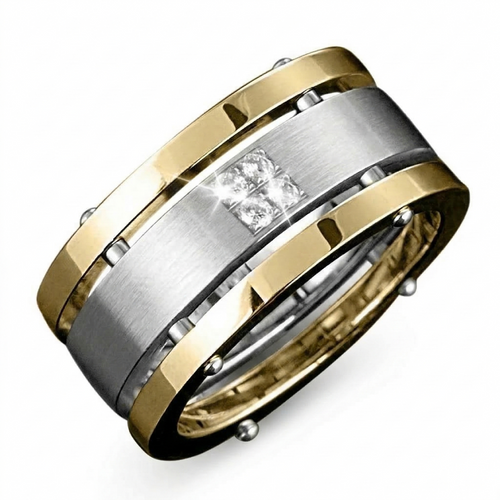 Two-tone gold and silver ring with a diamond on a white background