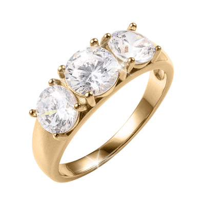 Serenata Trilogy Ring featuring three brilliant round stones in a polished gold tone setting with an elegant jewelry design Up To 75% Off Retail