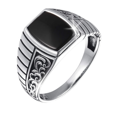 Silver Shadow Ring in polished silver with a sleek black square stone and ornate engraved details for a bold elegant jewelry statement Up To 75% Off Retail