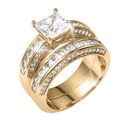 Juliet Bridal Ring in polished gold with a cushion cut center stone and curved rows of sparkling accent stones Up To 75% Off Retail