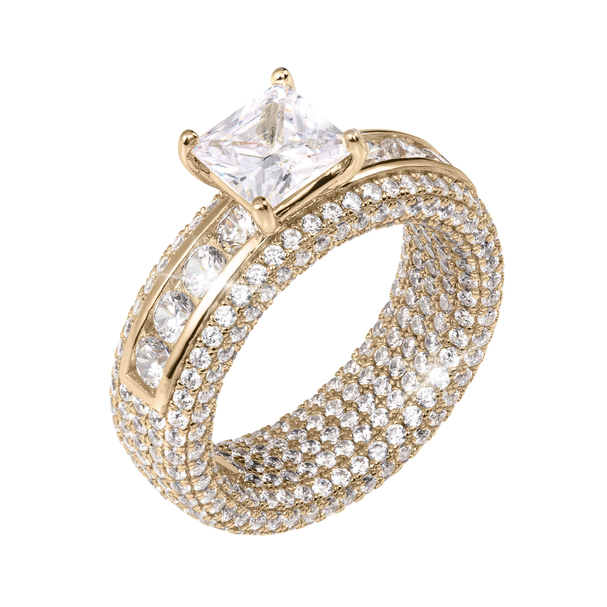 Charlotte Ladies Ring featuring a sparkling princess-cut center stone surrounded by rows of dazzling smaller stones set in a gold band, Up To 75% Off Retail.