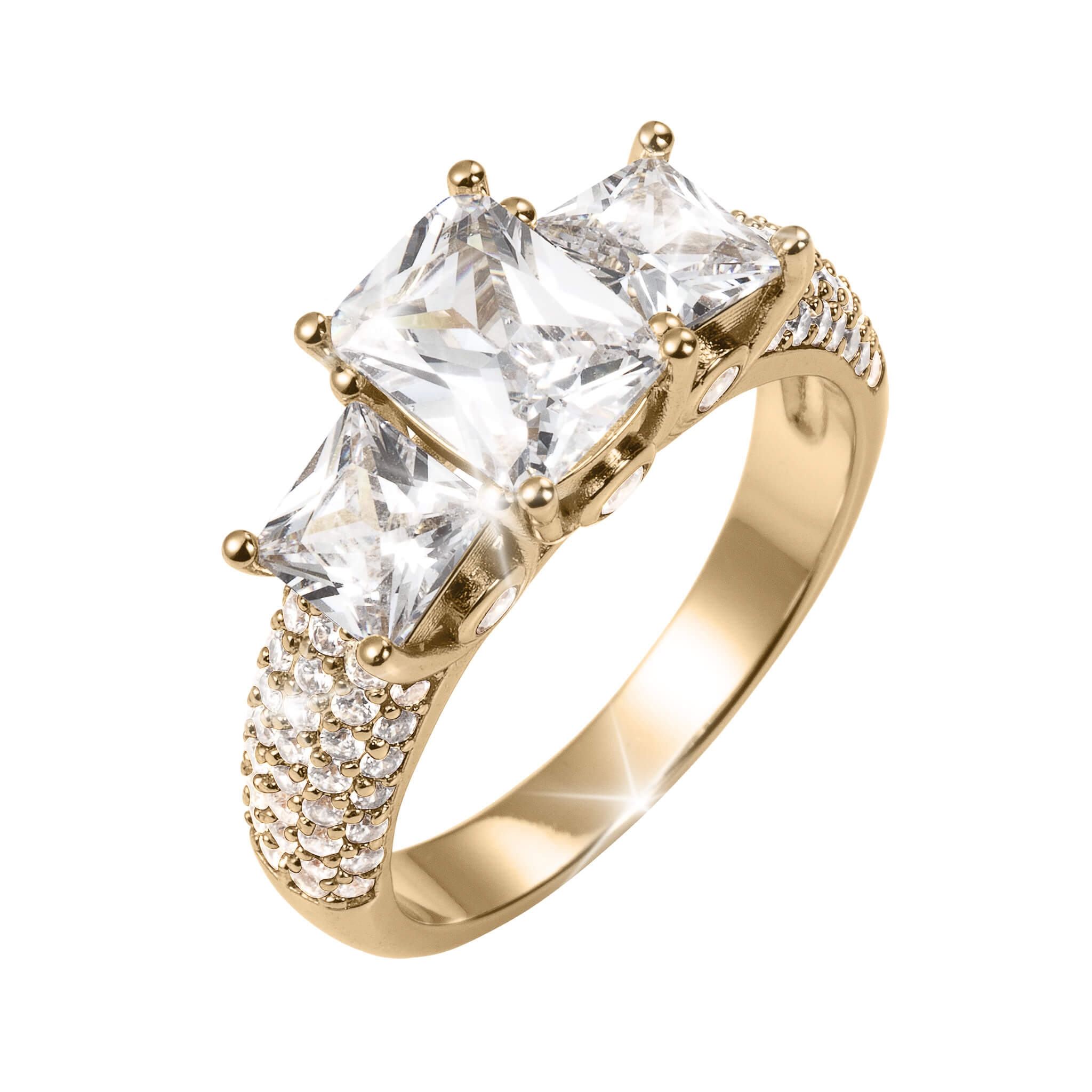 Verity Ladies Ring featuring a gold band with three large sparkling stones and smaller stones encrusted along the sides, available Up To 75% Off Retail.