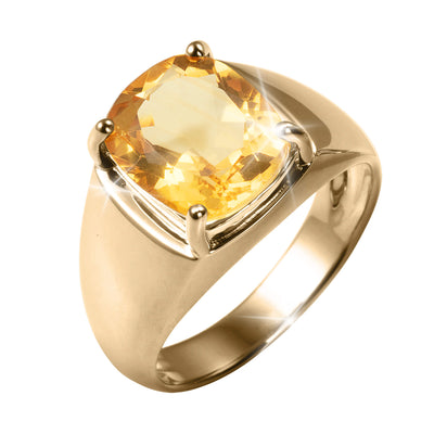Citrine Royale Ring with a faceted cushion cut golden citrine gemstone in a polished gold tone setting with elegant prongs and a sculpted band