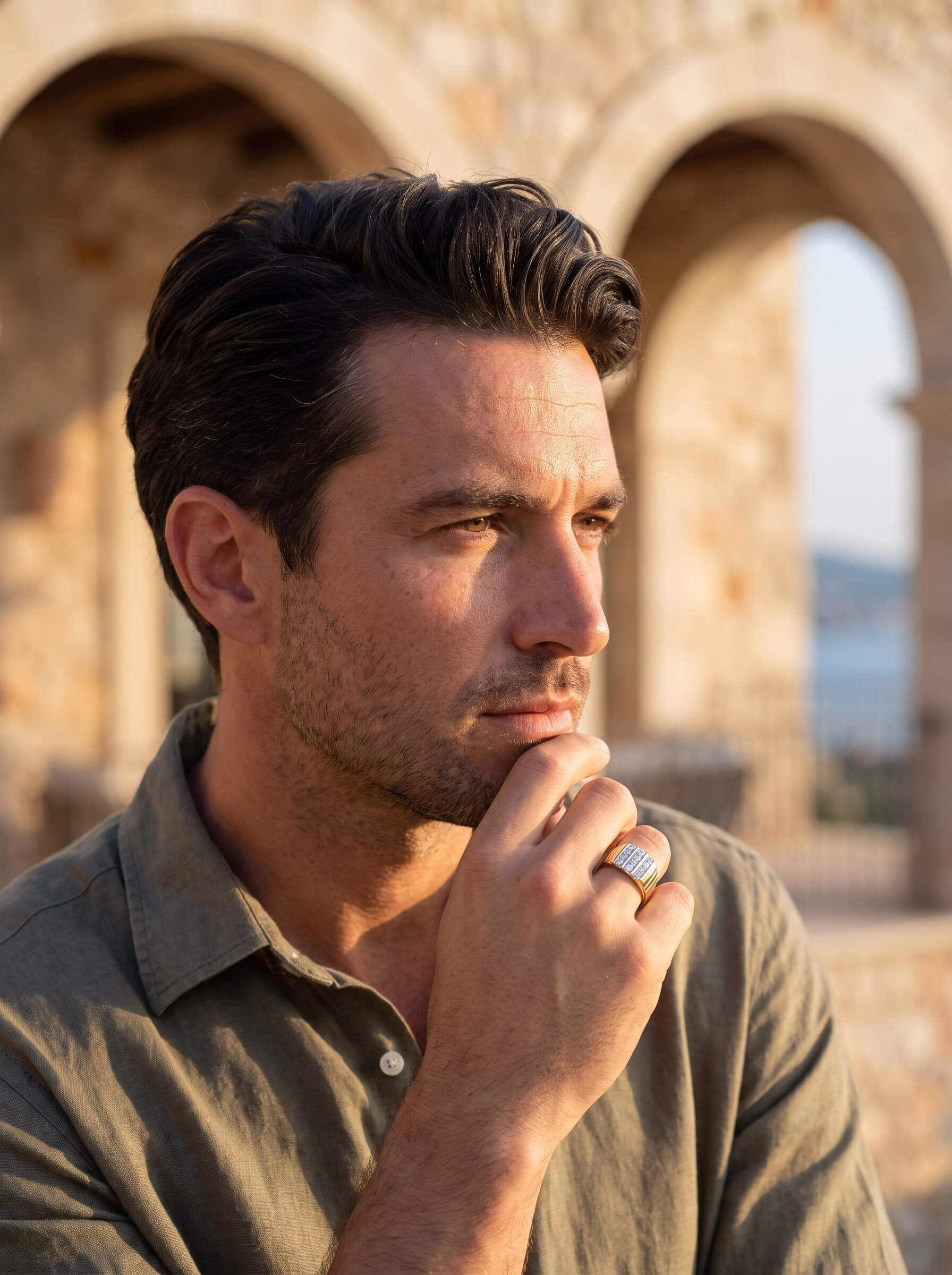 Beaumont Men's Ring worn by a man outdoors, showcasing a wide silver-toned band with textured detailing in warm natural light