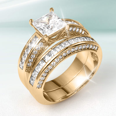 Juliet Bridal Ring in polished gold with a cushion cut center stone and sparkling diamond bands Up To 75% Off Retail