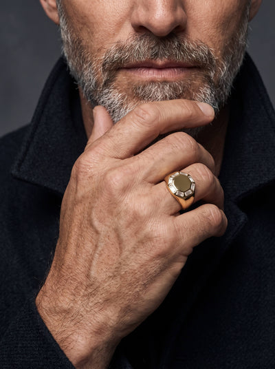 Paradigm Ring worn on the hand of a bearded man featuring a bold geometric silver tone face and polished gold tone band Up To 75% Off Retail