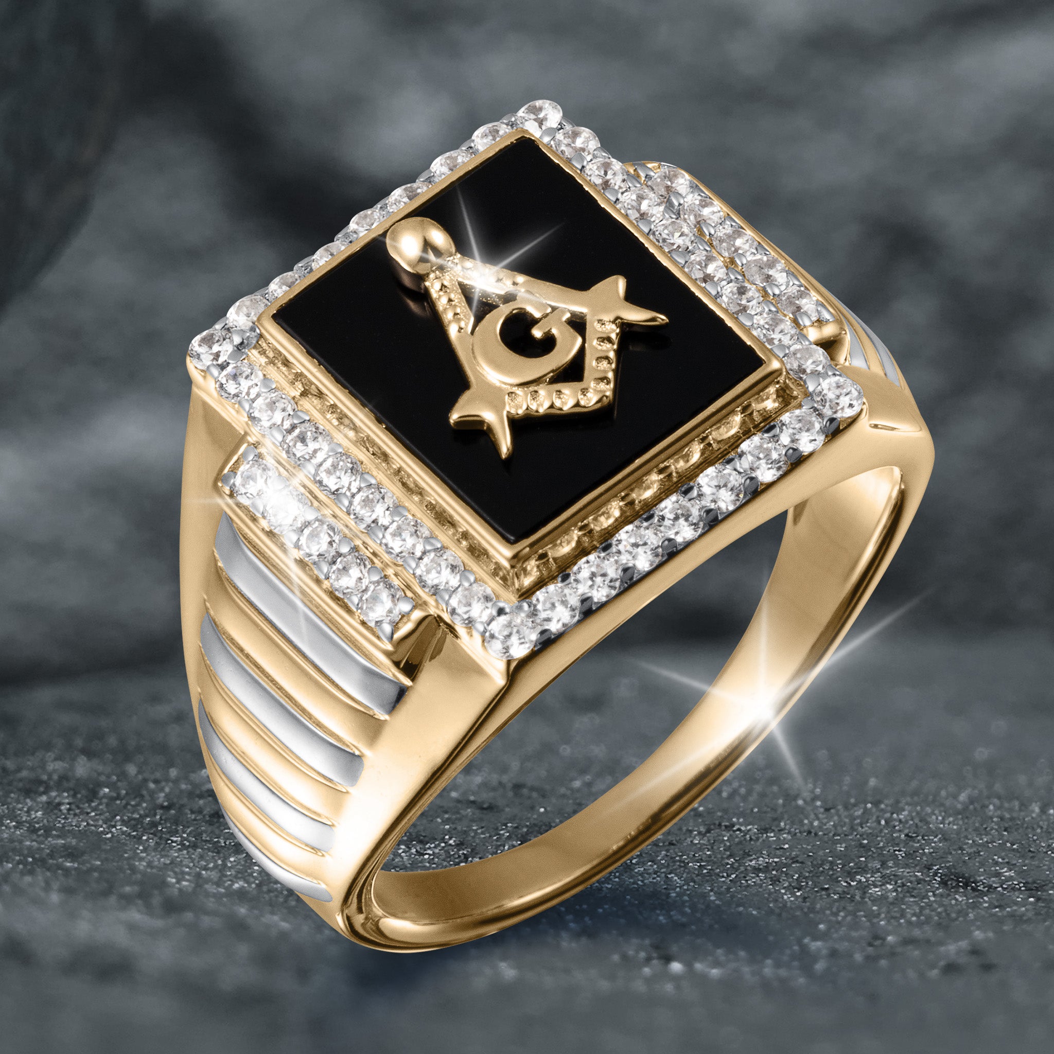 Keystone Men's Ring, gold tone jewelry with black square centerpiece, crystal accents, and decorative emblem, Up To 75% Off Retail