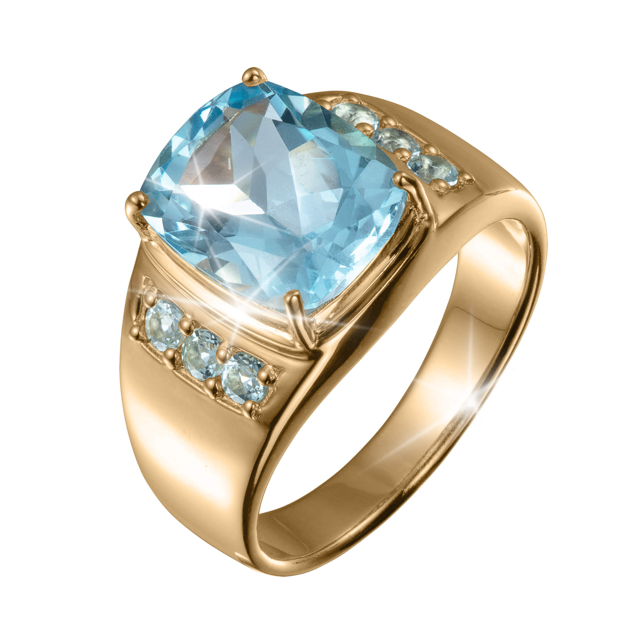 A luxurious Aegean Blue Topaz Men's Ring featuring a large cushion-cut blue topaz center stone set in polished gold with smaller blue topaz accents along the band.