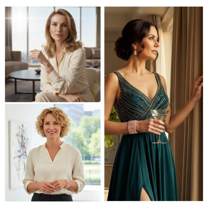 Collage of three women in different settings, one in a living room, one in a formal setting, and one in an outdoor setting. Rosa Cascade Bracelet