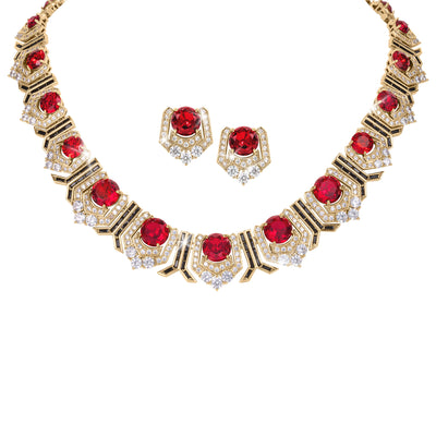 Elegant necklace and matching earrings from the Scarlet Heirloom Collection featuring vibrant red gemstones set in gold-tone metal with sparkling clear accents, Up To 75% Off Retail.