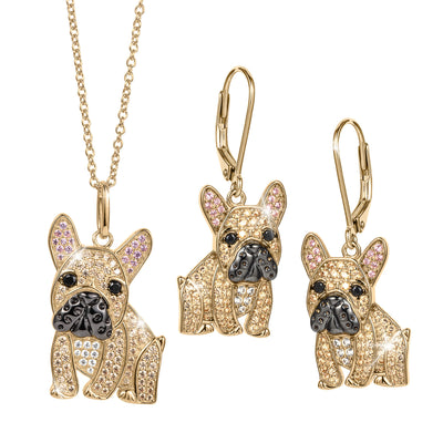 Forever Frenchie Collection featuring crystal accented French bulldog jewelry with a necklace and matching drop earrings in gold tone Up To 75% Off Retail