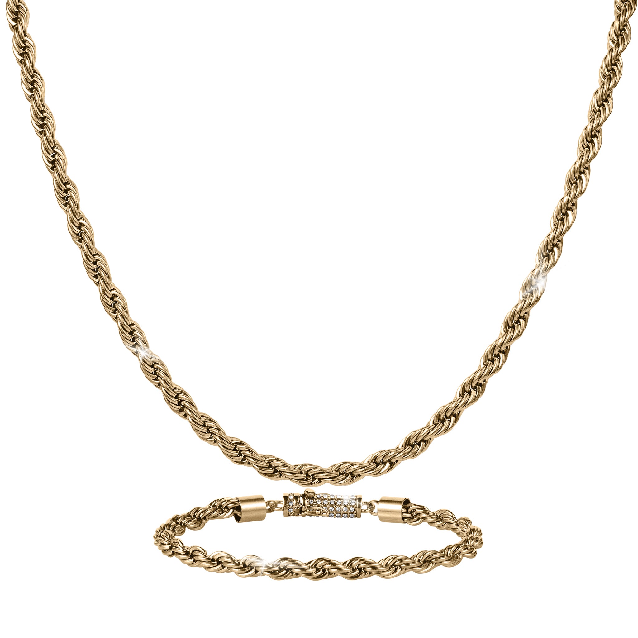Viper Twist Rope Collection featuring a gold tone rope necklace and matching bracelet with a sparkling clasp Up To 75% Off Retail