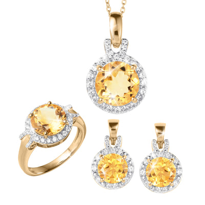 Golden Glow Collection gold jewelry set with a pendant earrings and ring featuring radiant yellow gemstones and sparkling accents Up To 75% Off Retail