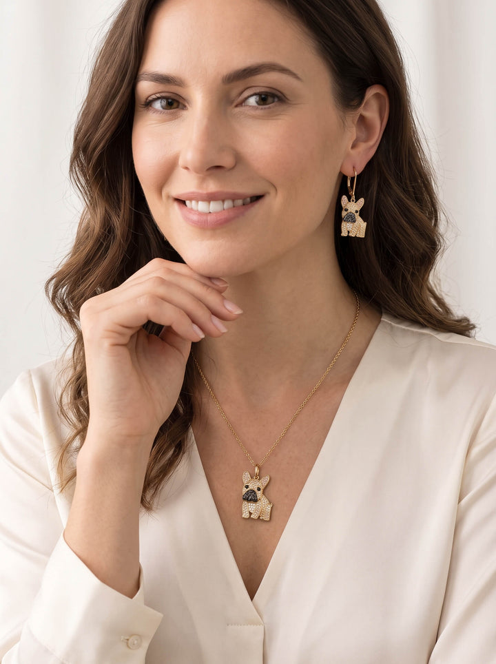 Forever Frenchie Earrings shown on a smiling woman wearing French bulldog drop earrings and a matching pendant necklace Up To 75% Off Retail