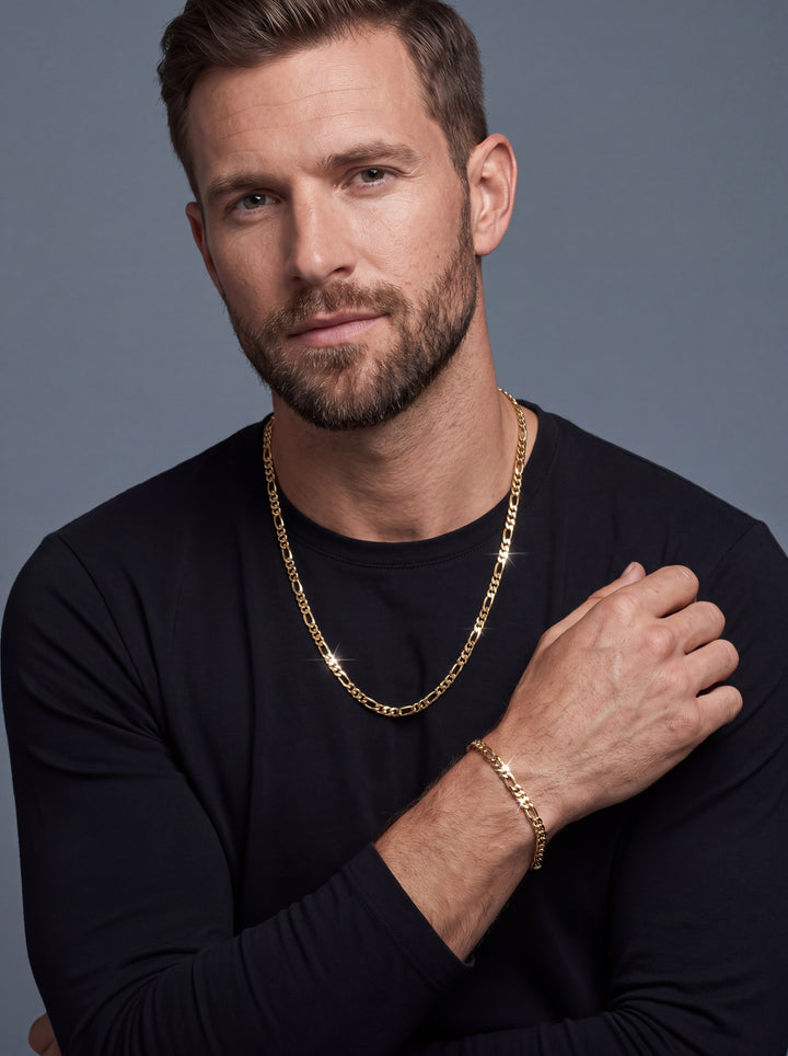Kodiak Steel Necklace styled as men's jewelry with a matching bracelet on a black shirt Up To 75% Off Retail