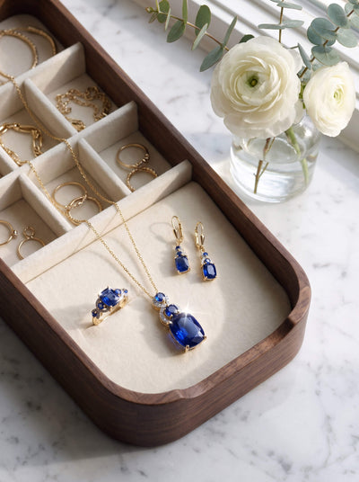 Elara Sapphire Pendant with a vivid blue gemstone set in gold resting in a jewelry tray beside coordinating earrings and rings Up To 75% Off Retail