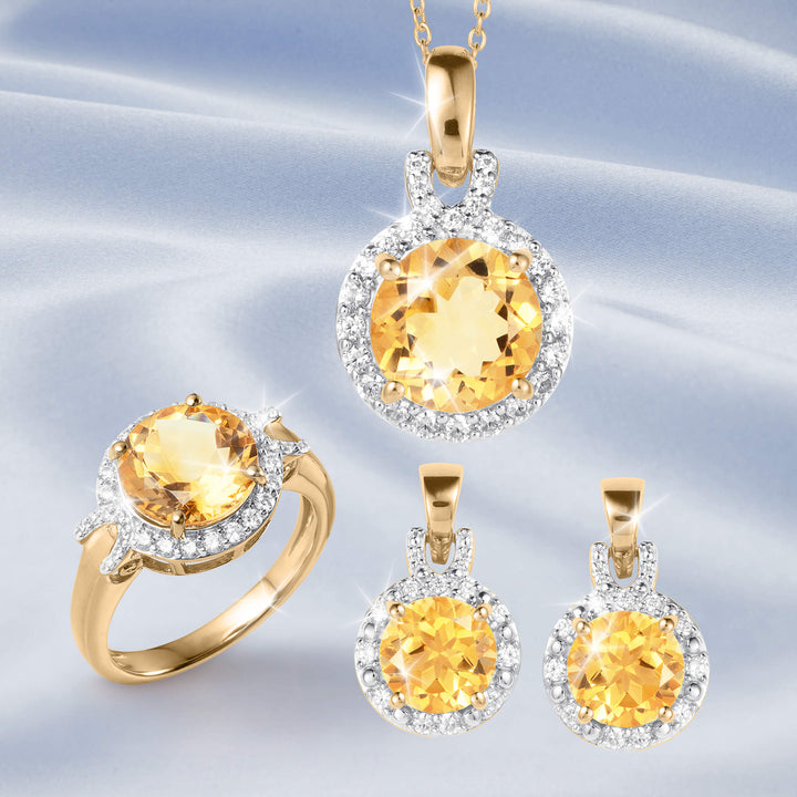 Golden Glow Collection featuring a yellow gemstone pendant ring and matching earrings with sparkling crystal accents Up To 75% Off Retail