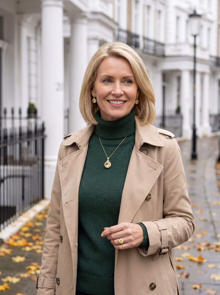 Golden Glow Citrine Earrings worn by a smiling woman in a green sweater and beige trench coat showcasing elegant jewelry style Up To 75% Off Retail