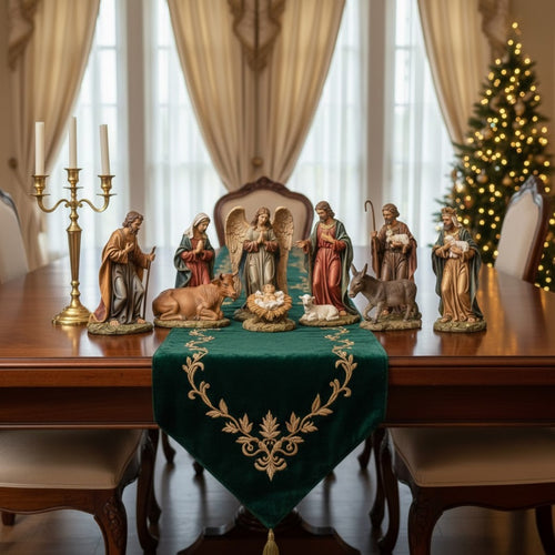 Nativity scene with figurines on a table in a room with Christmas decorations. Daniel Steiger Heavenly Night Nativity Set