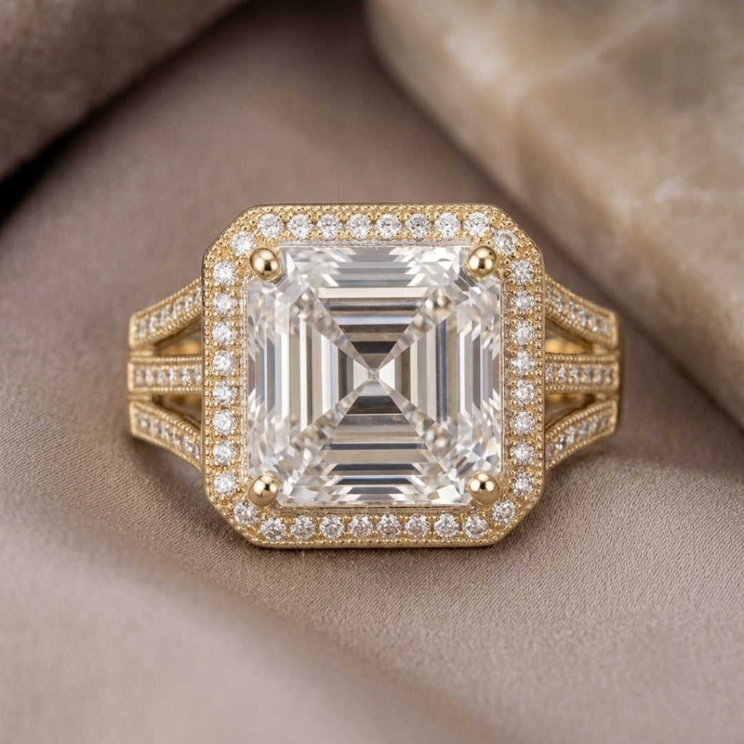 Solace Sparkle Ring featuring a large square-cut diamond surrounded by smaller diamonds on a gold band, offering elegant jewelry with Up To 75% Off Retail.