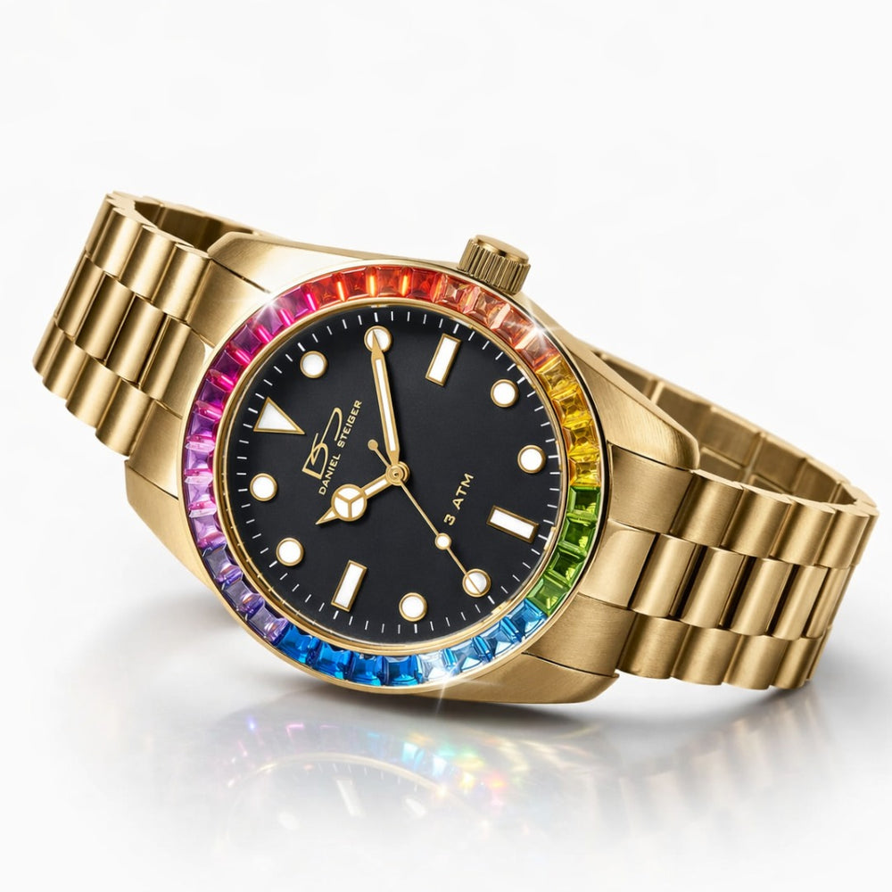 Gold watch with a black face and rainbow-colored bezel on a white background. Daniel Steiger Golden Spectrum Watch
