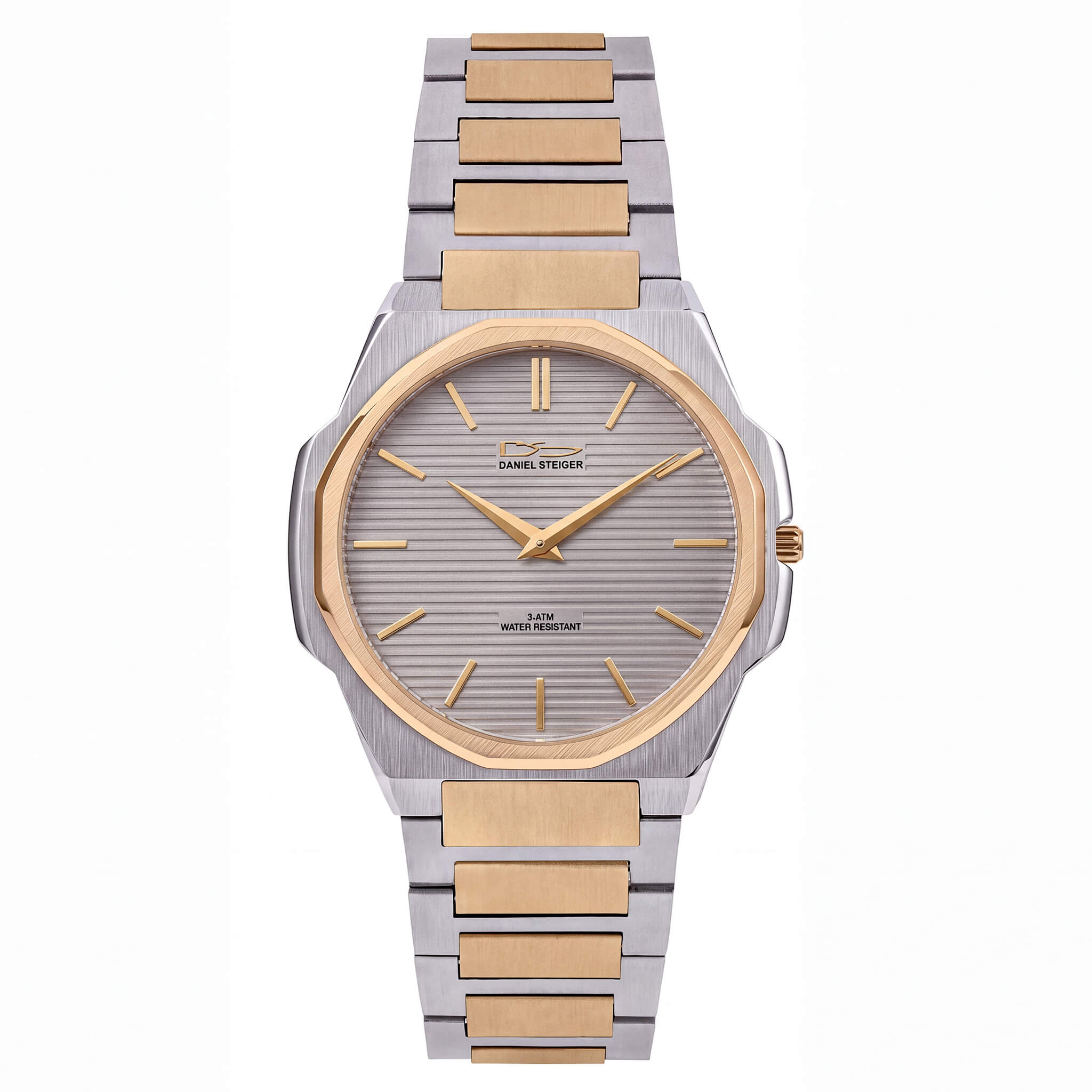 Delta Slimline Men's Watch with silver tone bracelet and gold tone accents on a textured gray dial Up To 75% Off Retail