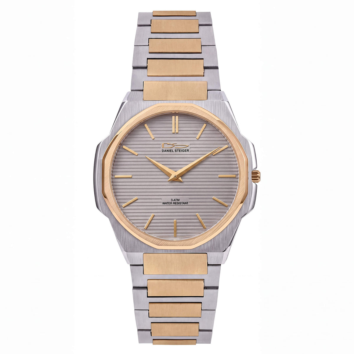 Delta Slimline Men's Watch with silver tone bracelet and gold tone accents on a textured gray dial Up To 75% Off Retail
