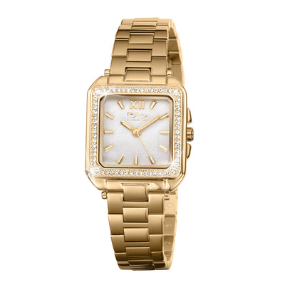 Golden Essence Gift Box Set featuring a gold tone watch with a crystal accented square dial and matching bracelet Up To 75% Off Retail