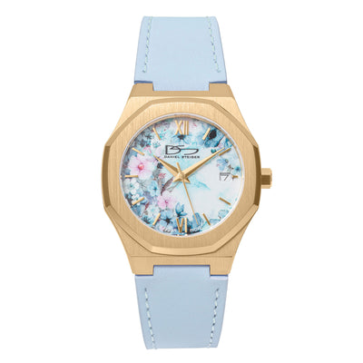 Fleur De Vie Ladies Watch with floral dial gold tone case and light blue leather strap Up To 75% Off Retail
