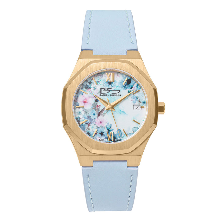 Fleur De Vie Ladies Watch with floral dial gold tone case and light blue leather strap Up To 75% Off Retail