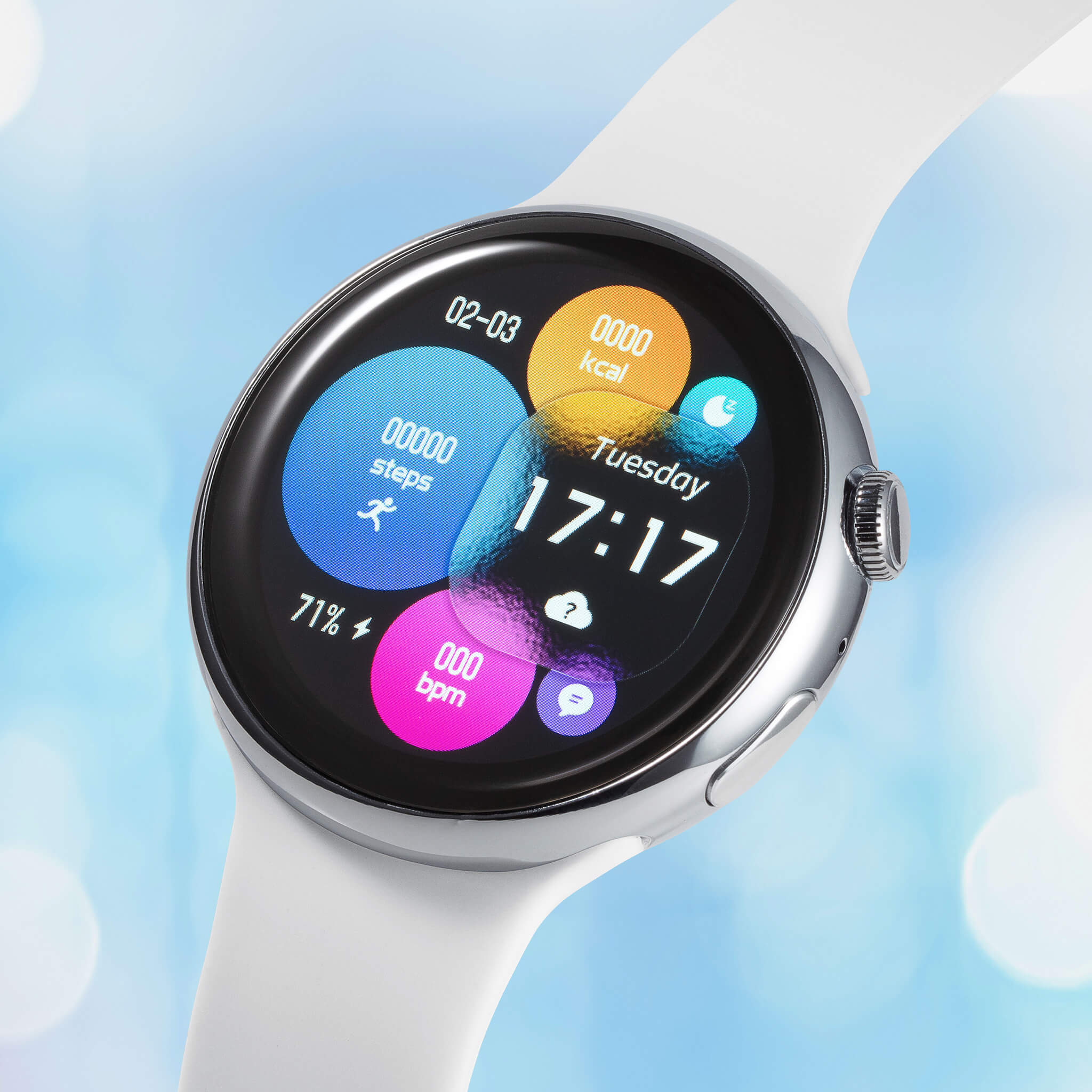 Pace Unisex Smart Watch with white band and colorful health tracking display showing steps calories heart rate and time Up To 75% Off Retail