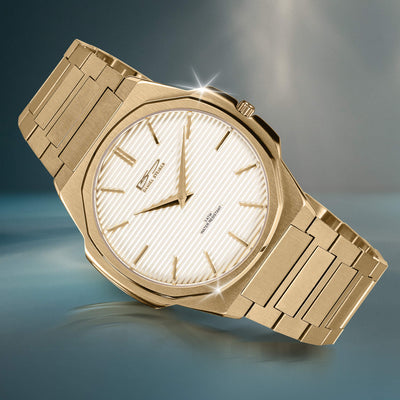 Delta Slimline Men's Watch in polished gold tone with textured white dial and matching link bracelet. Elegant timepiece Up To 75% Off Retail