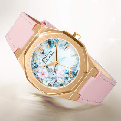 Fleur De Vie Ladies Watch with a rose pink leather strap gold tone case and floral blue dial Up To 75% Off Retail