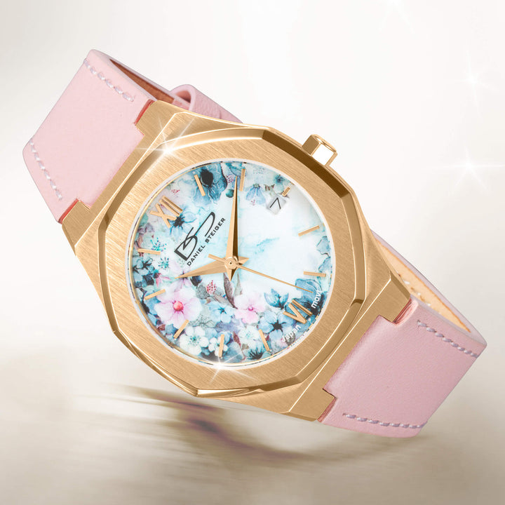 Fleur De Vie Ladies Watch with a rose pink leather strap gold tone case and floral blue dial Up To 75% Off Retail