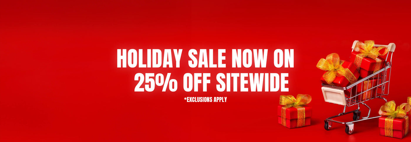 Red banner with holiday sale text and shopping cart with gifts on a red background