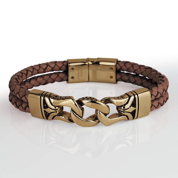 Horizon Men's Brown Bracelet featuring braided leather with polished gold plated clasp and chain link detail, designed for stylish male jewelry collection.