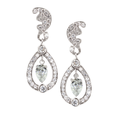 Kate Earrings featuring sterling silver with sparkling round and pear-shaped clear stones, designed for a refined feminine look in elegant jewelry.