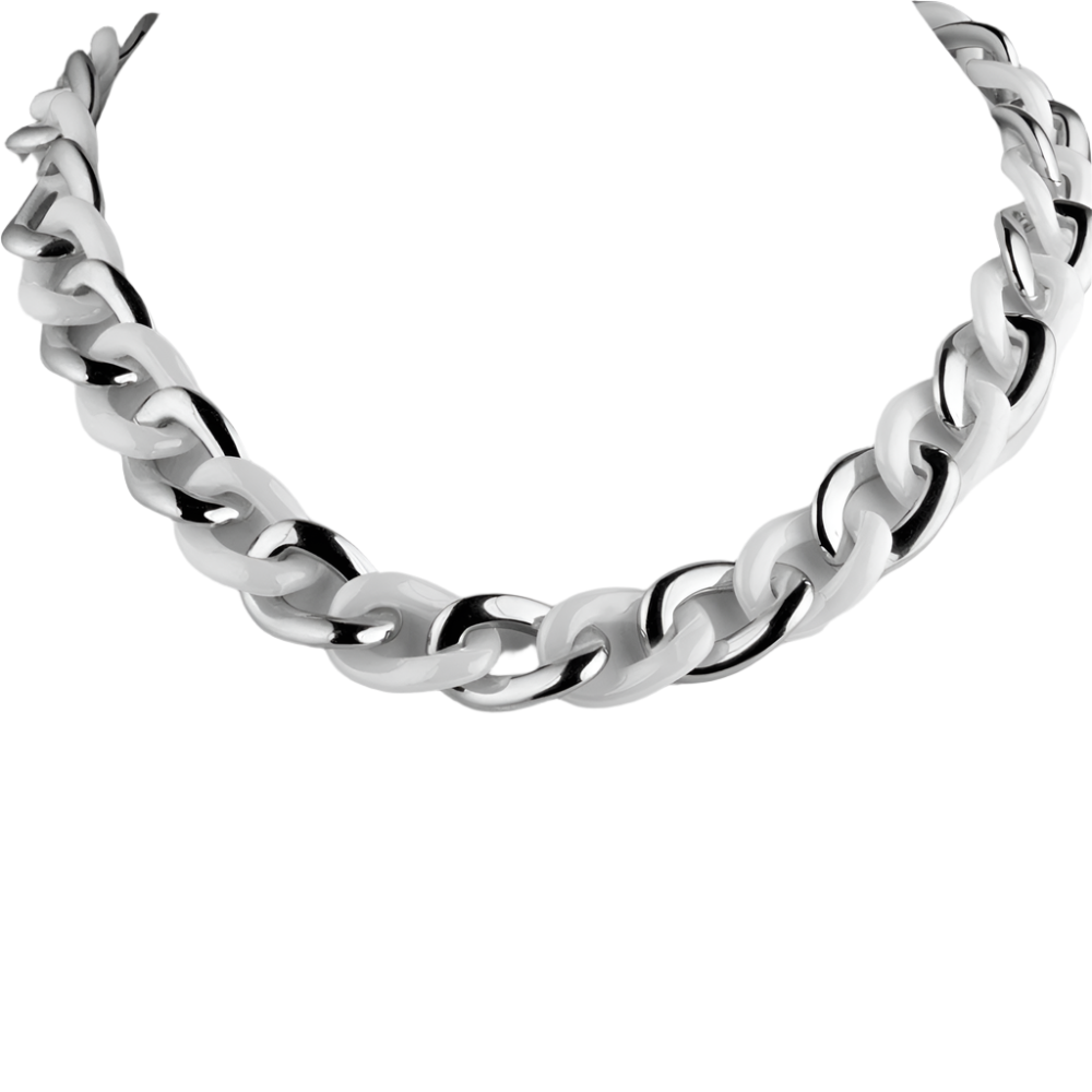 Ceramica White Necklace featuring a sleek, polished design with intertwined white and silver links, crafted as an elegant jewelry piece for women.
