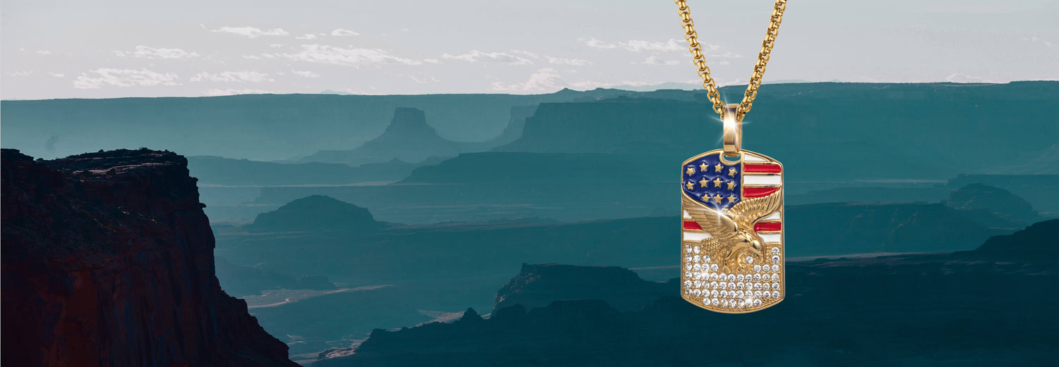 Patriot’s Crest Pendant over a picture of the grand canyon.
